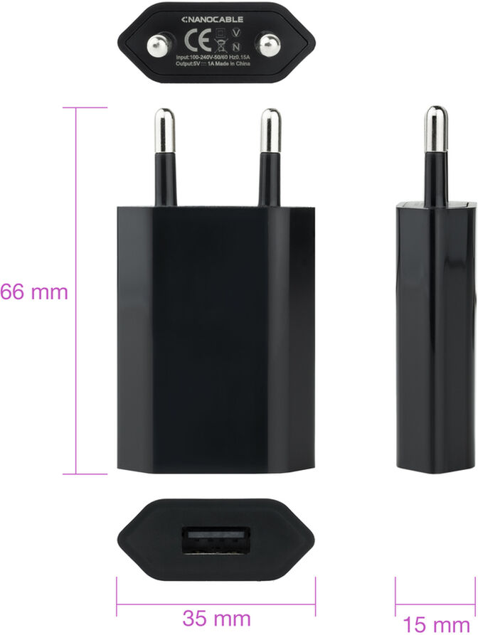 Mini Carregador USB Nanocable 5V/1A Preto image number 2