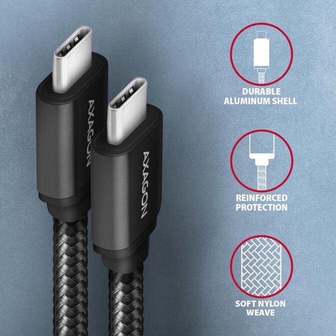 Cabo de carregamento AXAGON BUCM3-CM30AB cable USB-C  <-> USB-C 3.2 Gen 1, 3m, PD 60W, 3A, ALU, braid, Preto image number 2