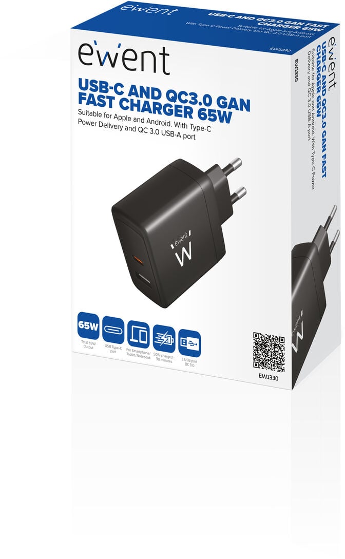 Carregador Ewent EW1330 USB-C/USB-A GaN Fast Charger 65W Preto image number 3