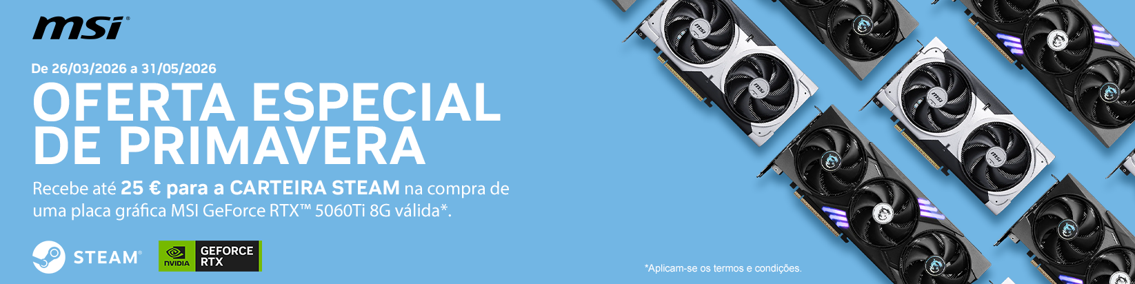 Recebe até 25€ em Steam Card na compra de uma placa gráfica MSI GeForce RTX 5060 Ti válida